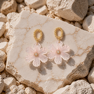 White Flower Stone Drop Earrings - Gold Textured Oval Stud