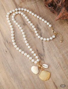Pearl Shell Charm Necklace - Long Faux Pearl 80cm + Cowrie & Scallop - Beach Boho