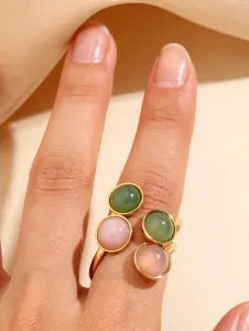 Double Gemstone Open Ring - Adjustable Gold Bypass Ring