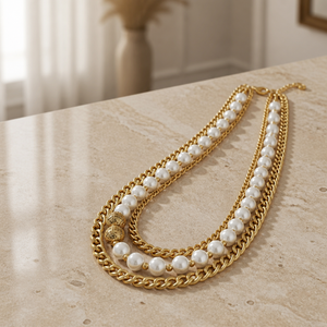 Layered Shell Pearl and Gold Chain Necklace