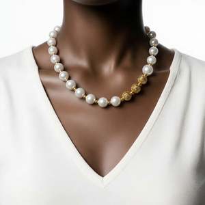 White Shell Pearl Necklace with Gold Beads