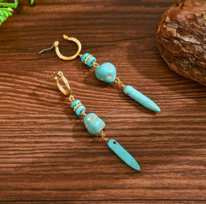 Turquoise Stone Drop Hoop Earrings - Gold Boho Dangle 
