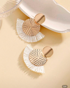 White Tassel Earrings Gold Disc | Boho Fan Fringe | SB Jewelry