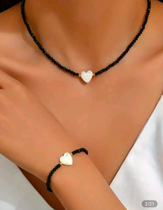 White Heart Mother-of-Pearl Beaded Set - Necklace and Bracelet with Black Beads