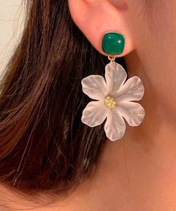 Green Square Stud White Flower Drop Earrings - Acrylic Floral