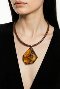 Amber Pendant Necklace - Brown Braided Leather Choker with Magnetic Clasp