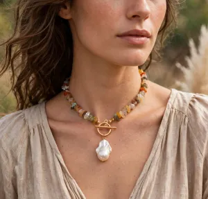 Natural Stone Chip Choker with Baroque Pearl Toggle Pendant - Multi Agate 